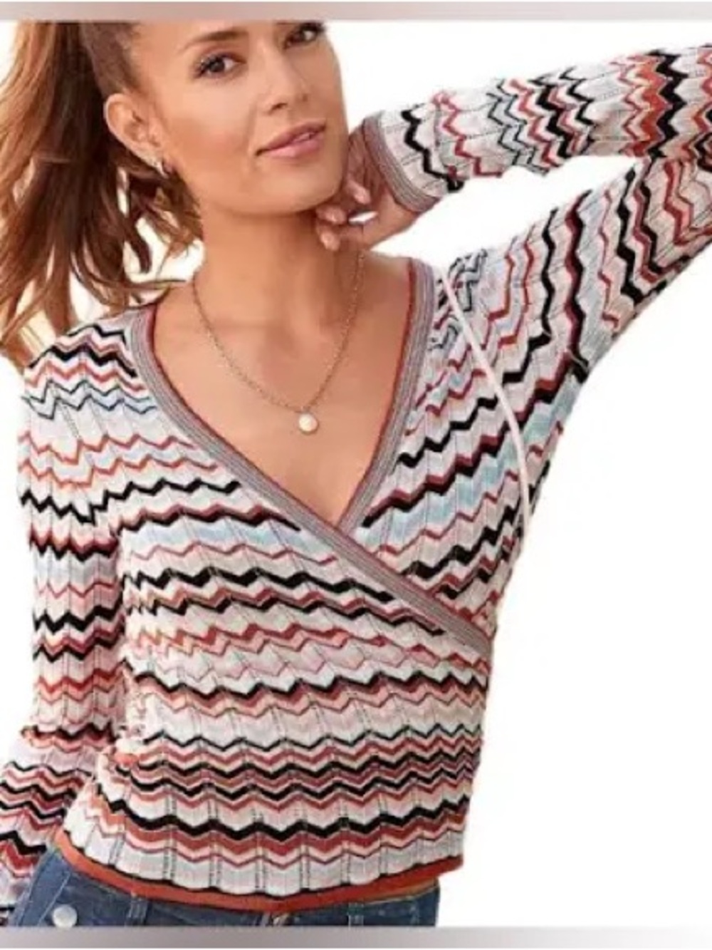 Lascana - Women's Chevron Wrap V-Neck Sweater - Multi-Color Chevron